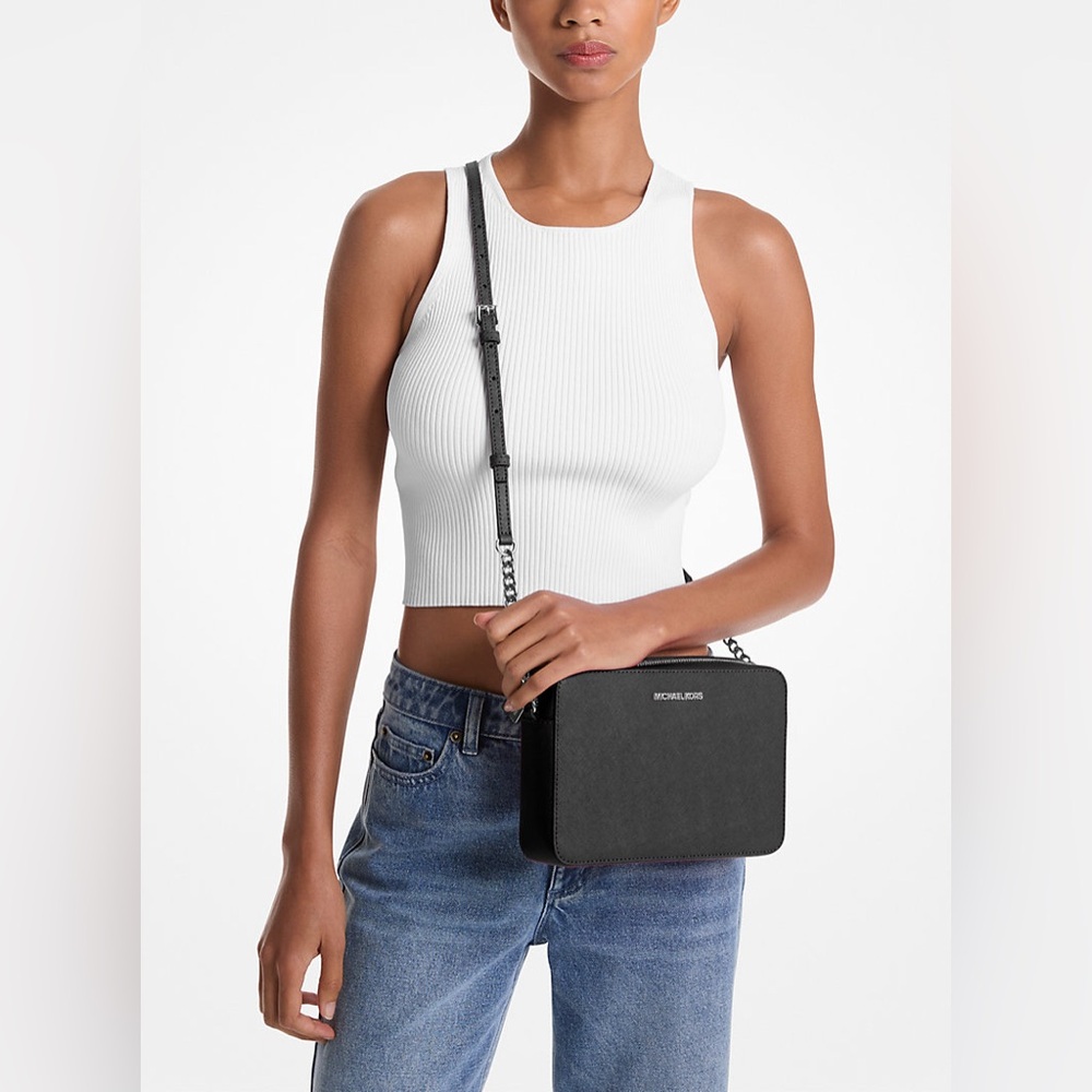 Michael Kors Large Jetset Crossbody saffiano leather black gold chain Tech